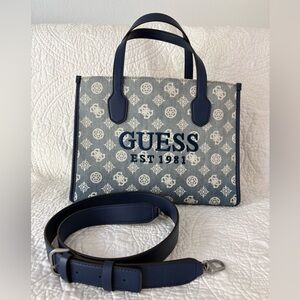 Guess Denim Monogram Tote Satchel Bag Blue and Cream With Crossbody Strap